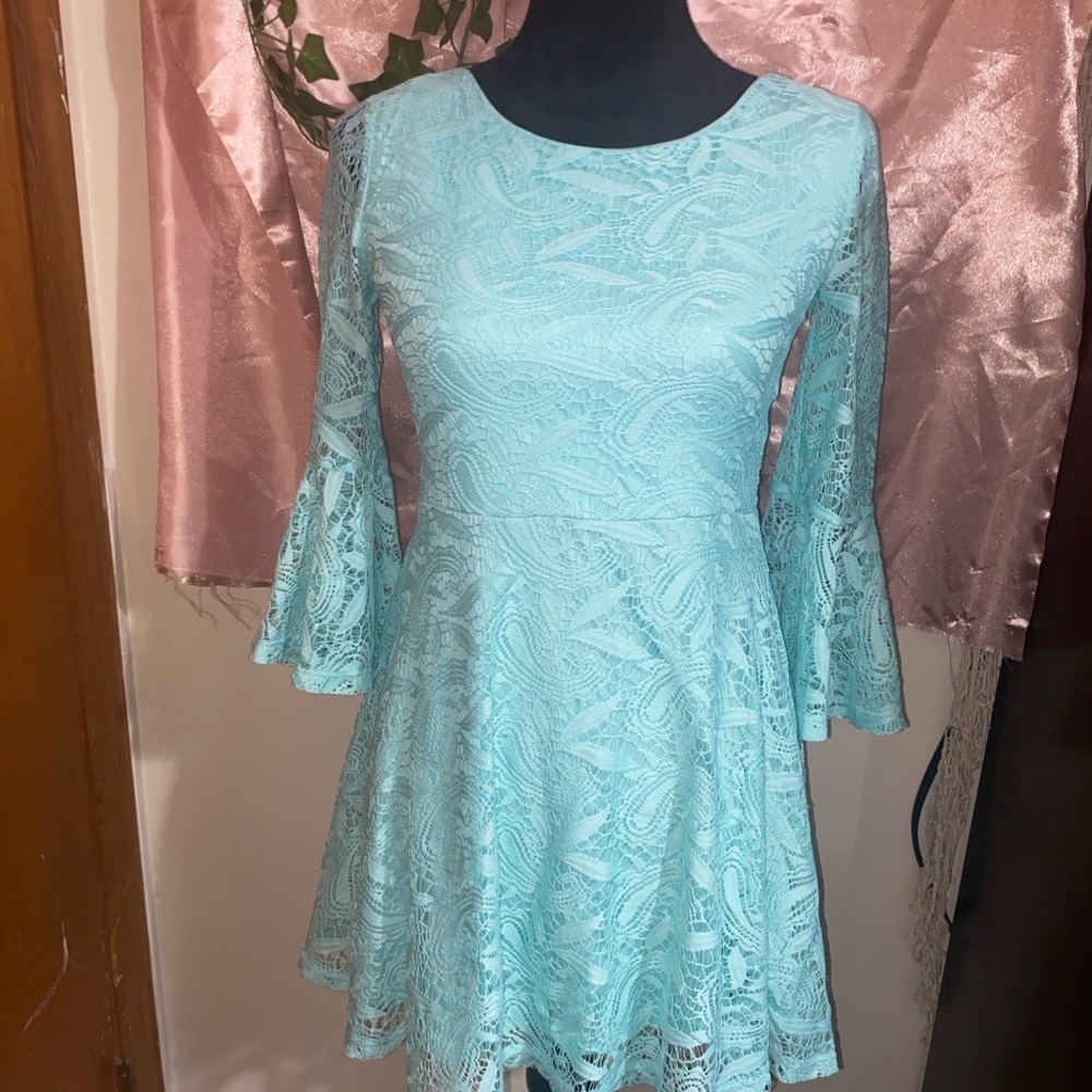 Amy Byer Aqua Lace Long Sleeve Dress